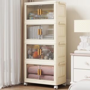 Stackable Plastic Storage Bin with Lids 4-Tier Collapsible with Wheels