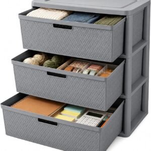 Wide 3-Drawer Plastic Storage Tower Decorative Grey